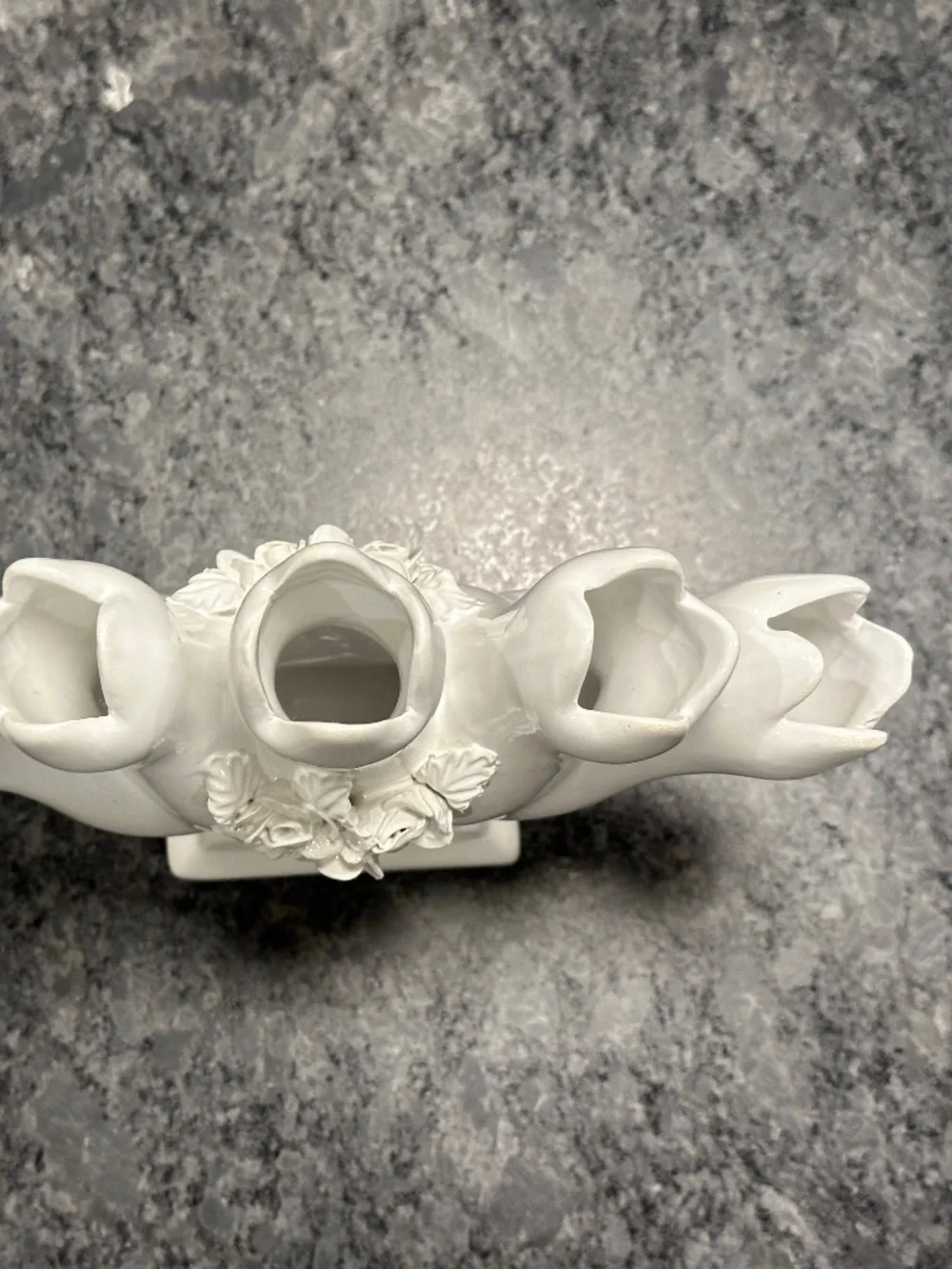 White Ceramic Five Finger Tulipiere Bud Vase with Floral Rose Appliqué